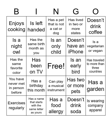 Get To Know You Bingo Card