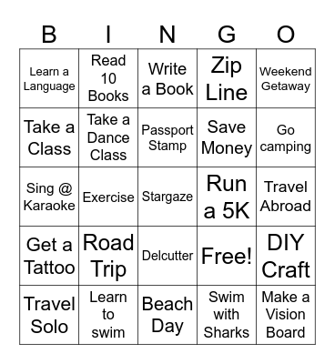 Bucket List Bingo Card