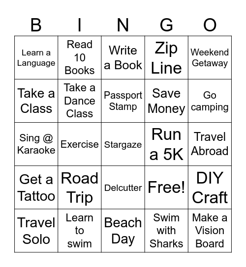 Bucket List Bingo Card