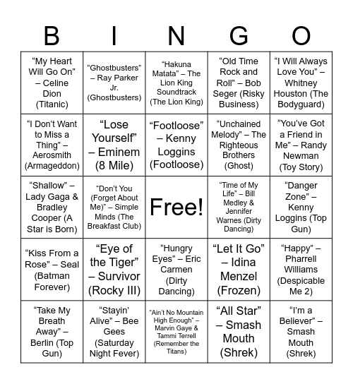 Movie Soundtrack Bingo Card