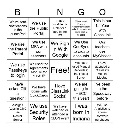 Speedway Bingo Card