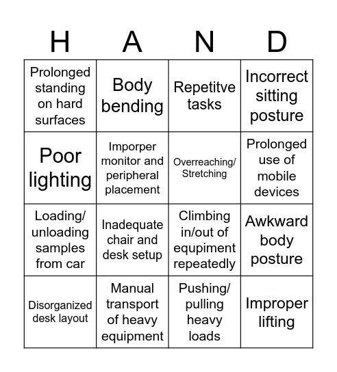 Ergonomics Bingo Card