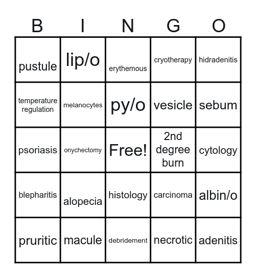 Integumentary  Bingo Card