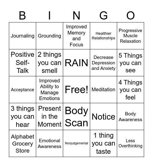 Mindfulness Bingo Card