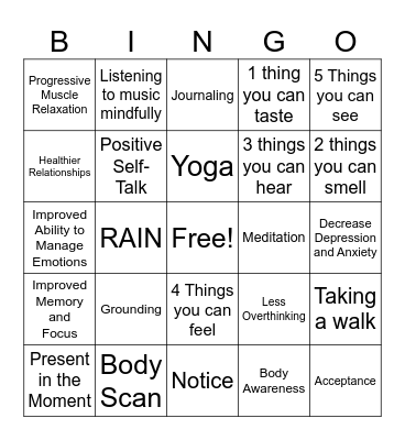 Mindfulness Bingo Card