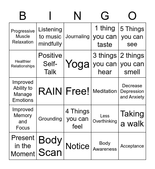 Mindfulness Bingo Card