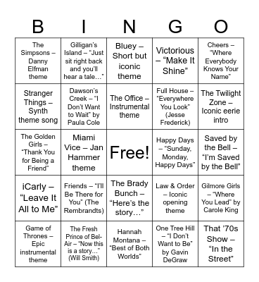 TV Theme Songs Bingo Card