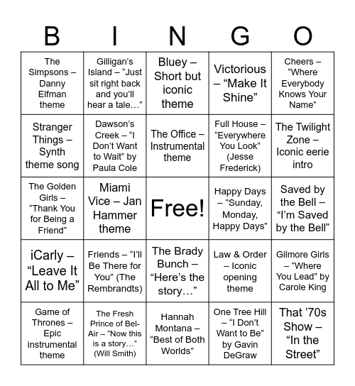TV Theme Songs Bingo Card