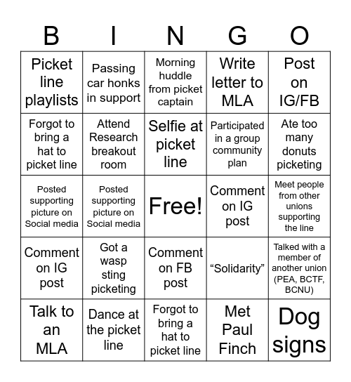BCGEU 2025 Strike Bingo Card