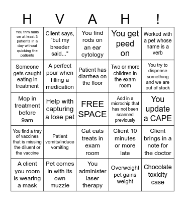 Vet Assistant Bingo - HVAH Bingo Card