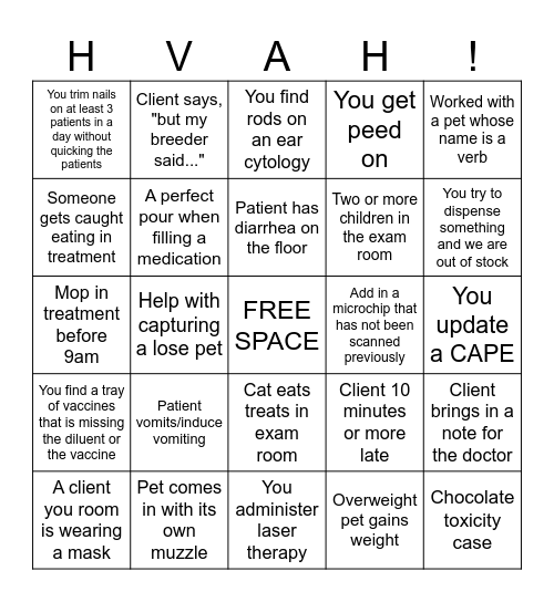 Vet Assistant Bingo - HVAH Bingo Card