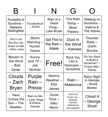 Weather Songs Bingo Card