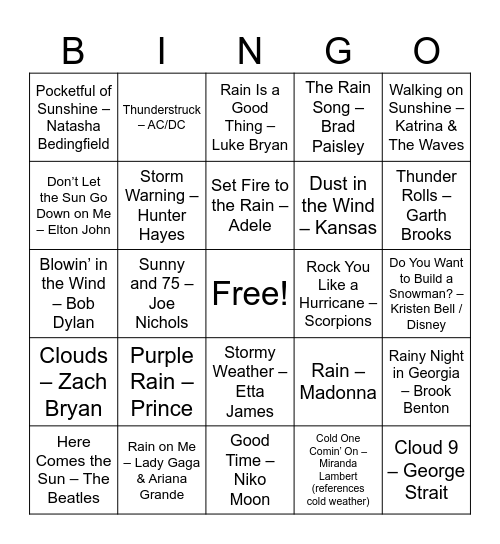 Weather Songs Bingo Card