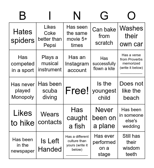 Get to Know You Bingo Card