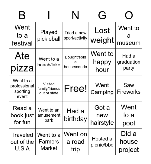 I know what you did last summer! Bingo Card