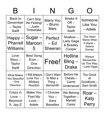 Emotions Song Bingo Card