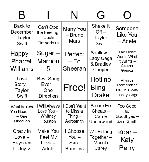 Emotions Song Bingo Card