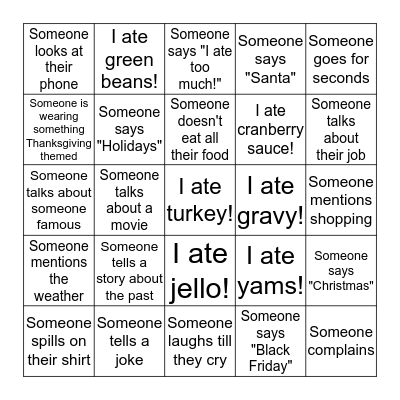Thanksgiving Bingo Card