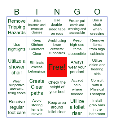 Fall Prevention Bingo Card