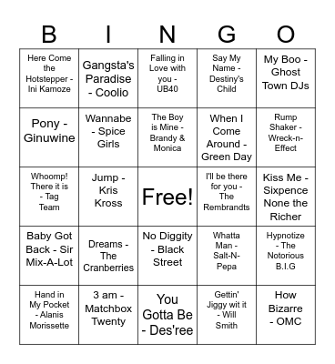 '90s Hits Essentials Bingo Card