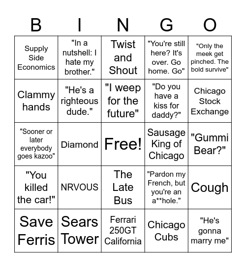 Ferris Bueller's Day Off Bingo Card