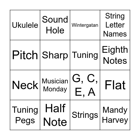Ukulele & Music Class Bingo #1 Bingo Card