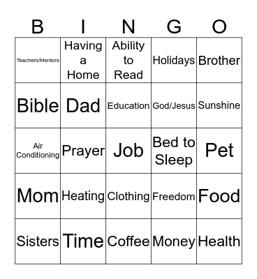 I'm Thankful for... Bingo Card