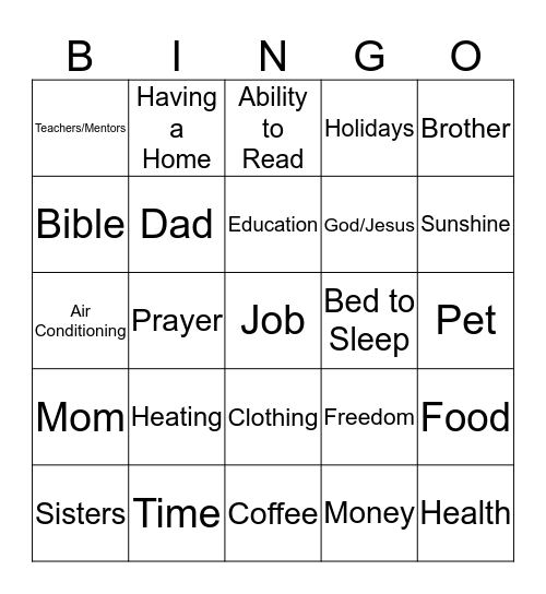 I'm Thankful for... Bingo Card