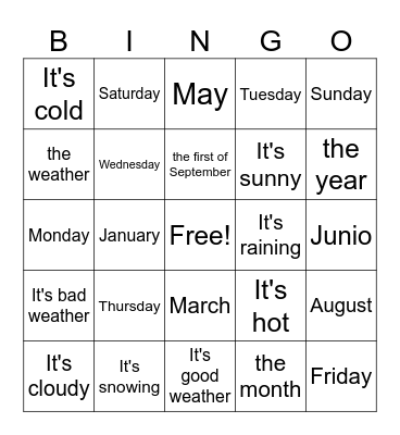 Days of week and months of year Bingo Card