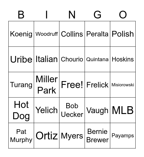 Milwaukee Brewers Bingo Card