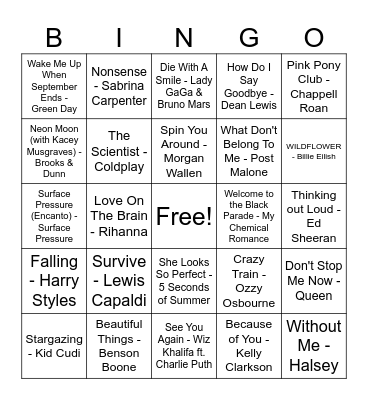Music Bingo # 8 Bingo Card