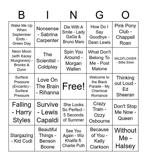 Music Bingo # 8 Bingo Card