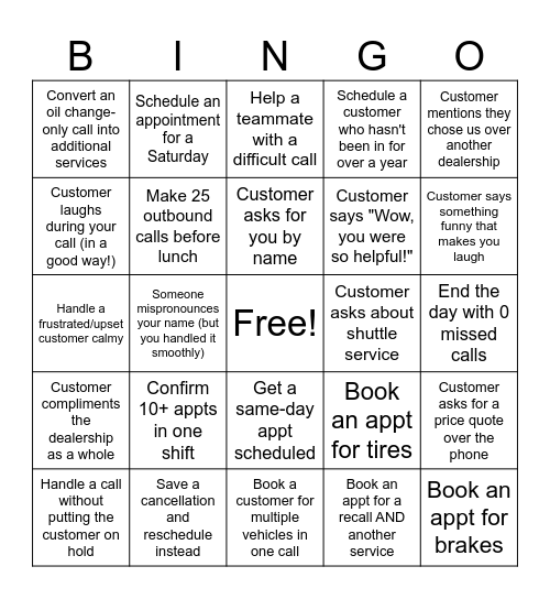 Service BDC Bingo Card