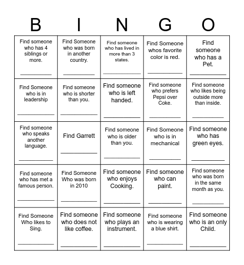 Find Someone Who Bingo Card