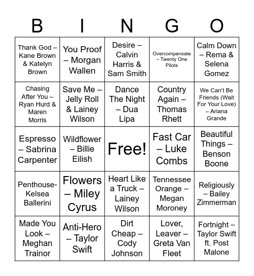 todays hits Bingo Card