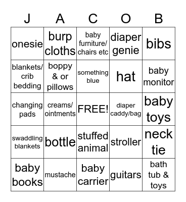 Baby Jacob Bingo Card