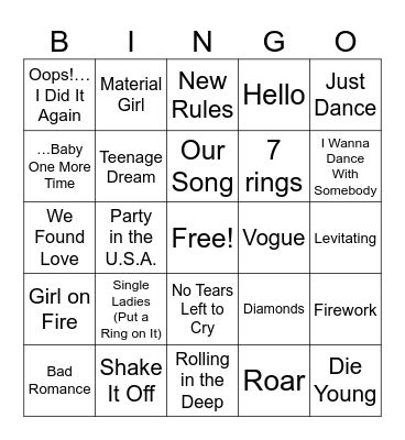Pop Divas Bingo Card