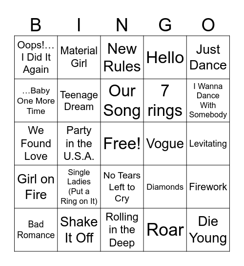 Pop Divas Bingo Card