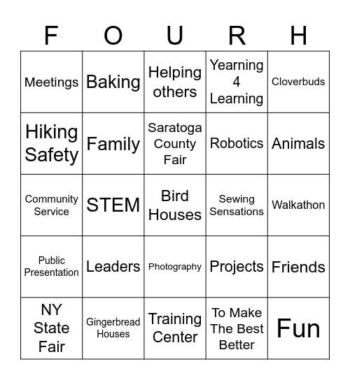 4-H Walkaton Fundraiser Bingo Card