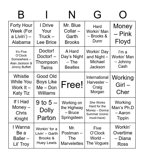 Job Themed Bingo Card