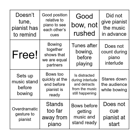 Performance Bingo Card