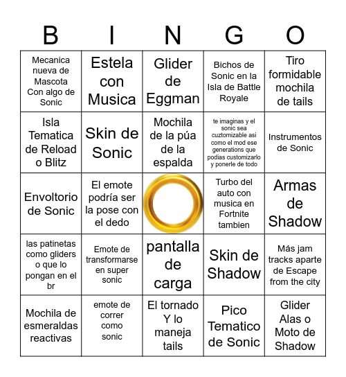 Sonic x Fortnite Bingo Card