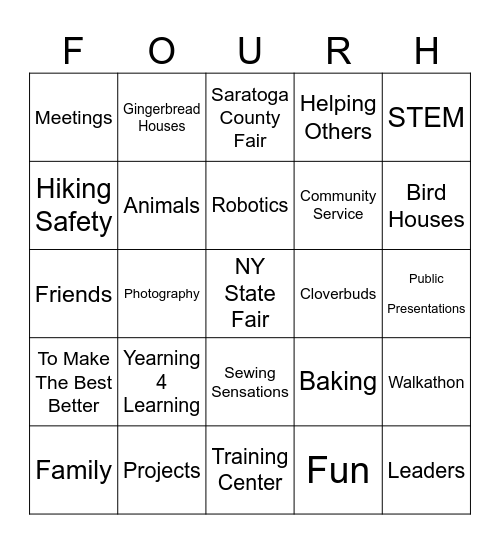 4-H Walkathon Fundraiser Bingo Card
