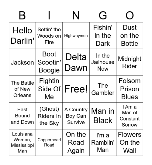 Classic Country & Western Bingo Card