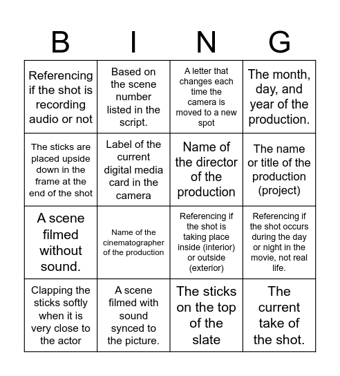 Production Terms Bingo Card