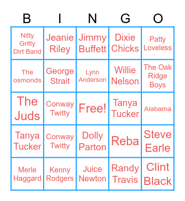 Country Artist Bingo Card