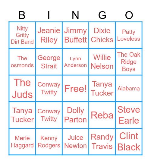 Country Artist Bingo Card