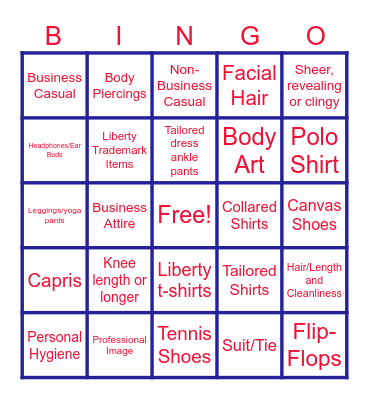 Liberty Dress Code Bingo Card