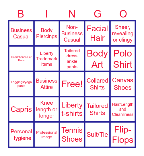 Liberty Dress Code Bingo Card