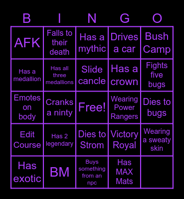 Fortnite bingo Card